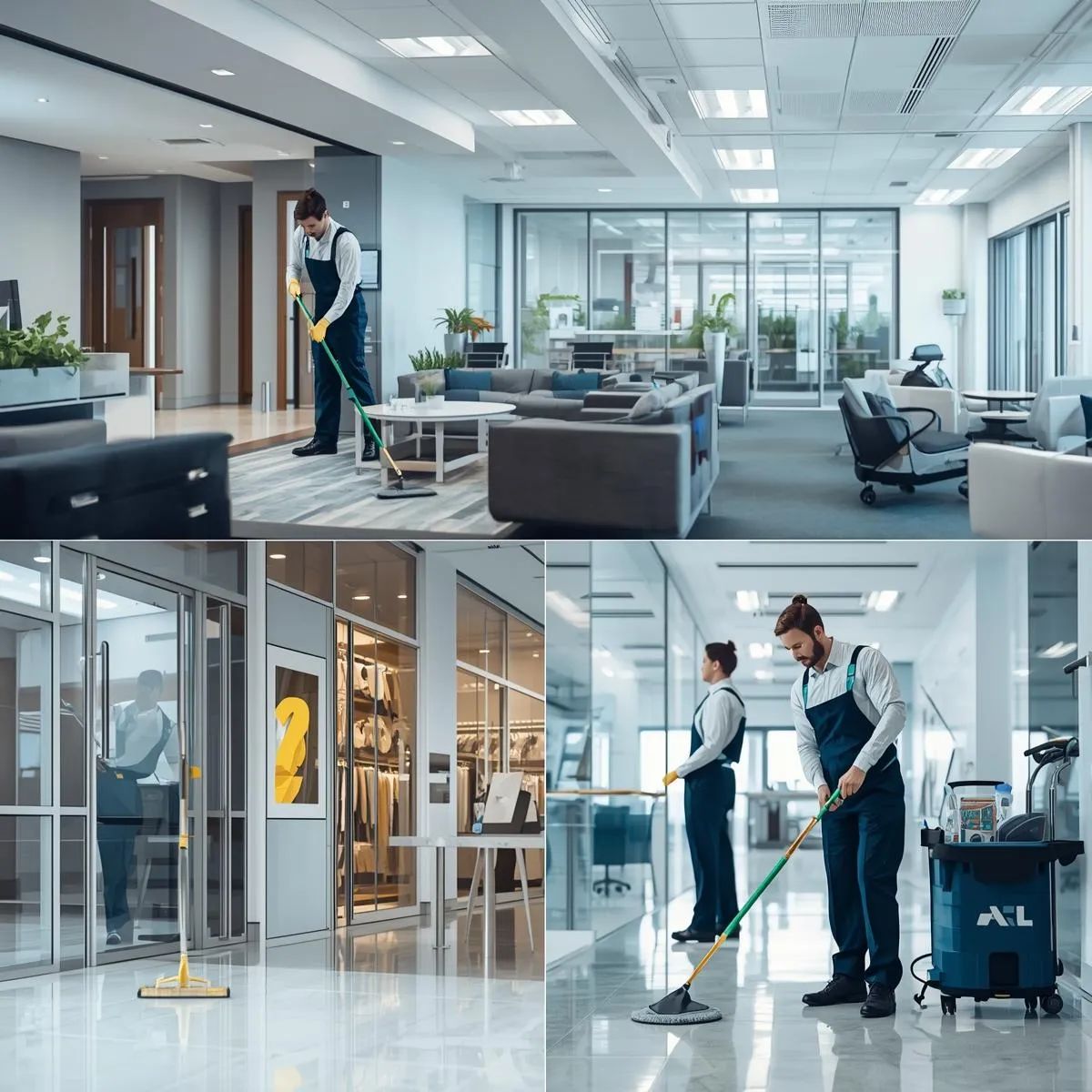 Commercial cleaning staff sanitising desks, retail floors, and facility spaces across different workplaces.