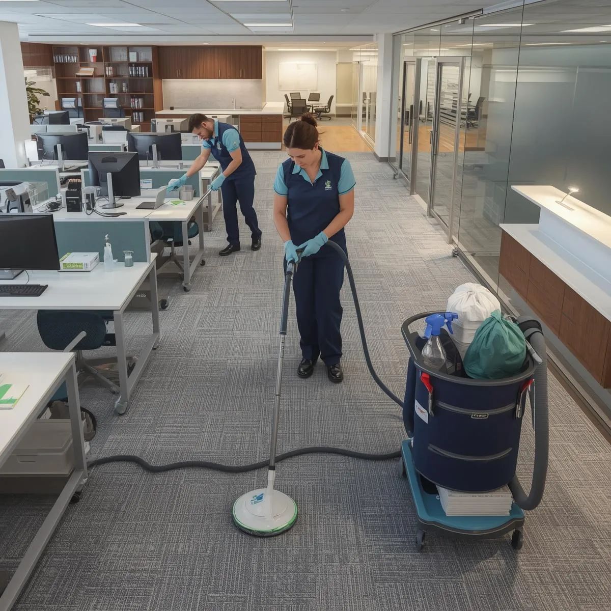 Cleaning staff disinfecting desks, equipment, and floors during a one-off commercial office clean.
