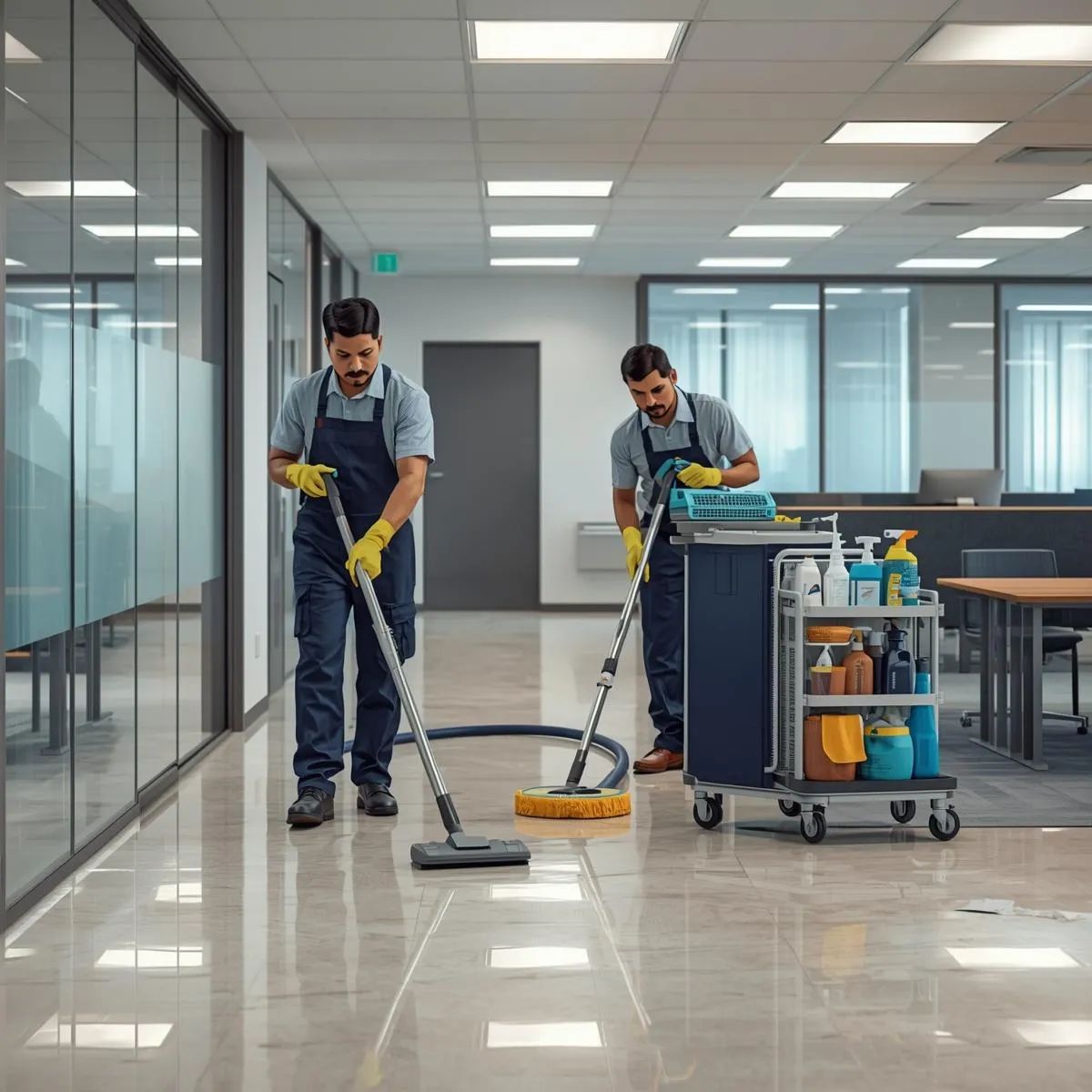 Cleaning staff preparing an office space after renovation or before inspection with deep cleaning tasks.