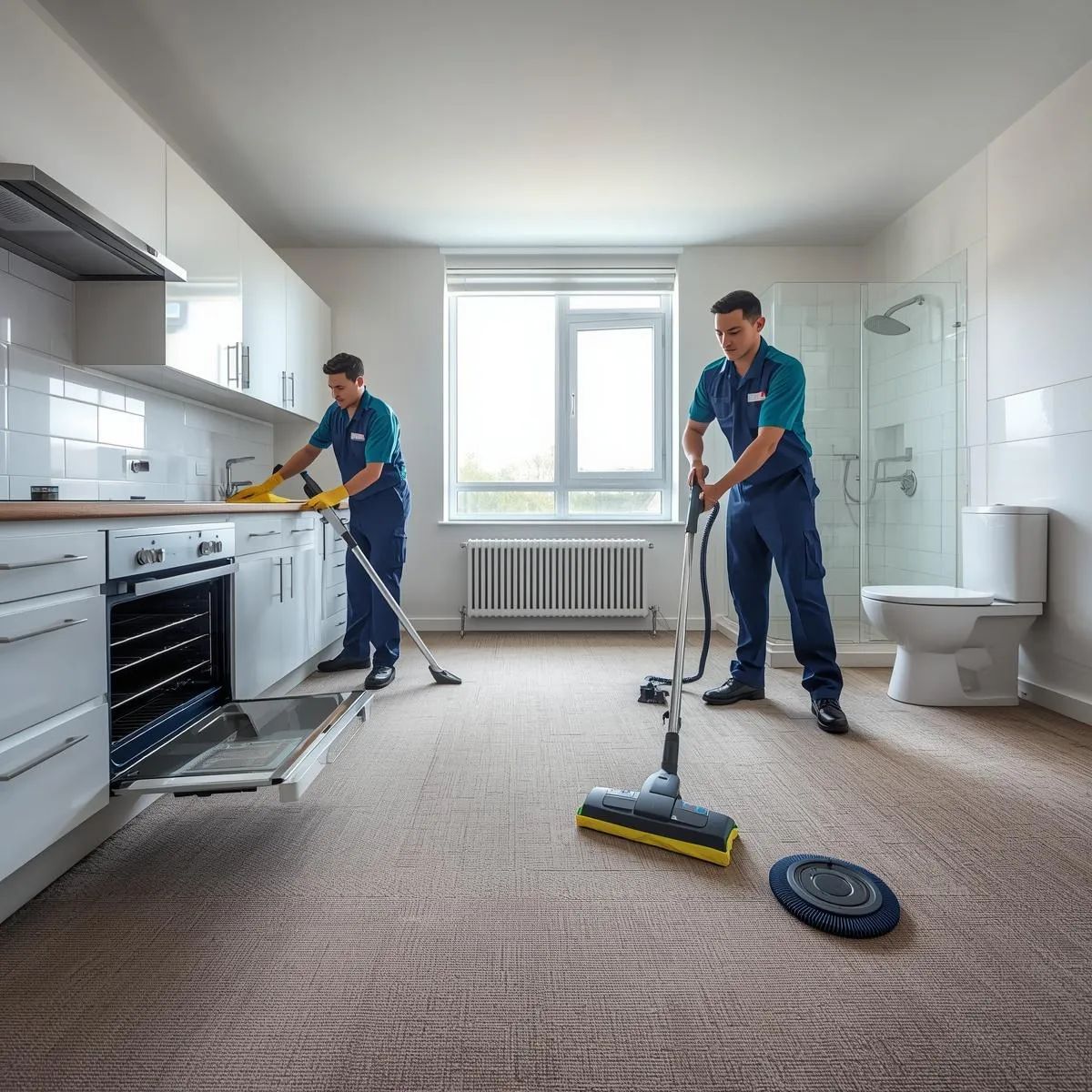 Cleaning staff performing detailed end-of-lease cleaning in kitchen, bathroom, and floors of an empty apartment.