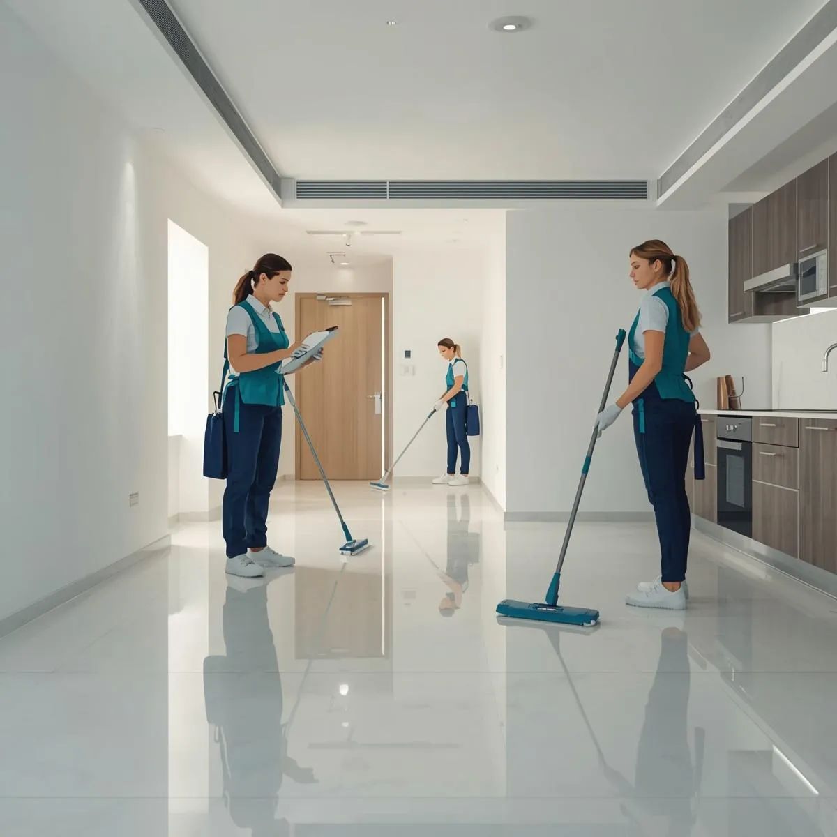 Cleaning staff inspecting and finalising a cleaned rental property using a checklist.