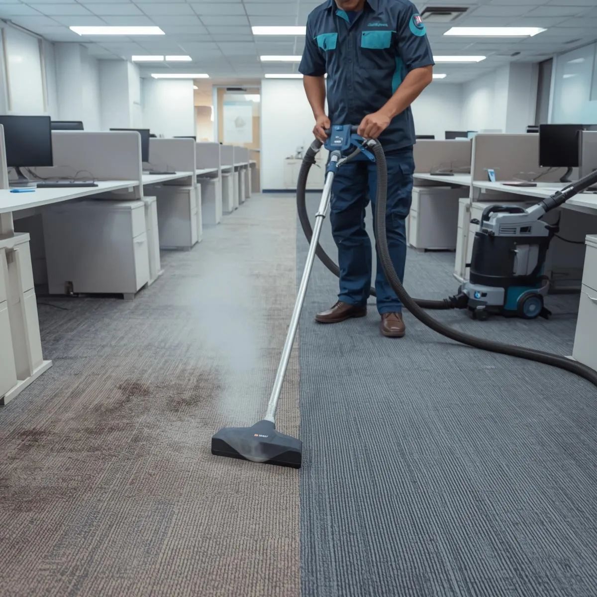 Technician using steam extraction equipment to remove deep dirt and stains from commercial carpet.