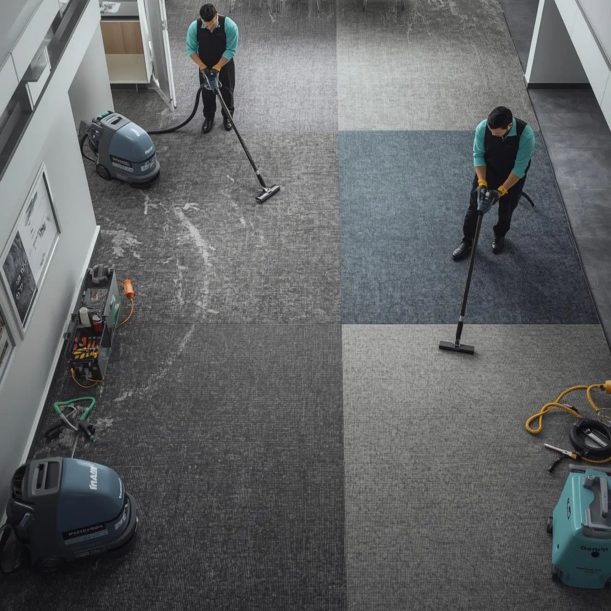 Technician using extraction machine and cleaning solution to clean carpet in a commercial space.