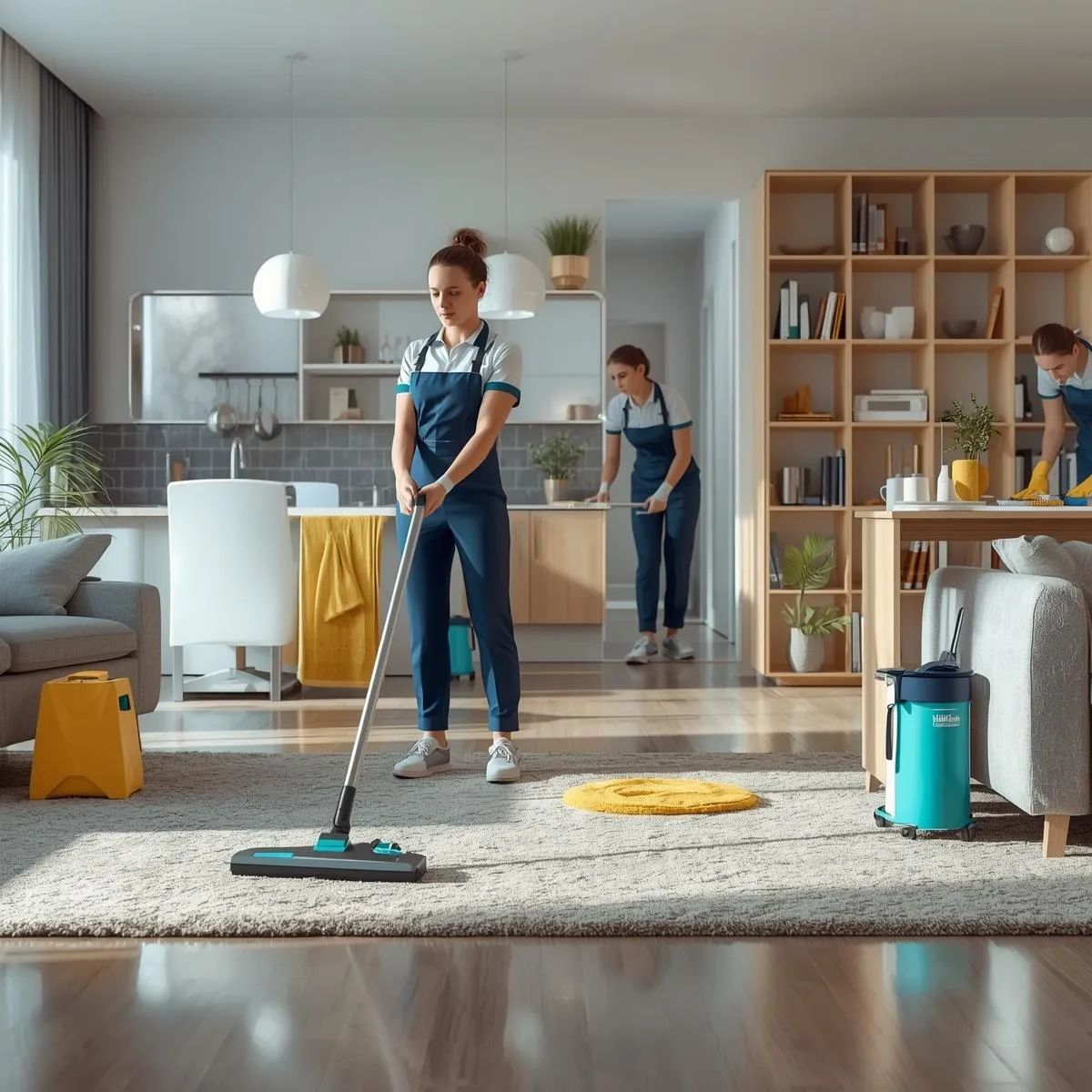 Cleaning staff vacuuming floors and cleaning kitchen and bathroom surfaces inside a home.