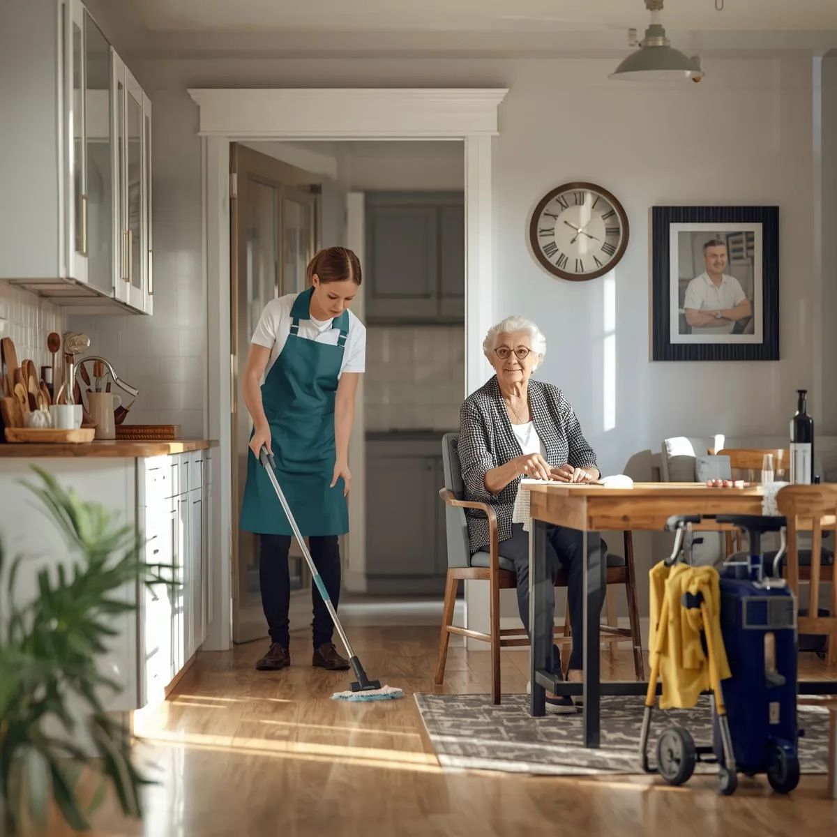 Cleaning staff assisting with household cleaning tasks in a residential home environment.