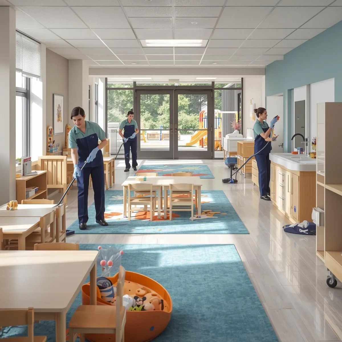 Cleaning staff disinfecting playroom surfaces, cots, and bathrooms inside a childcare centre.