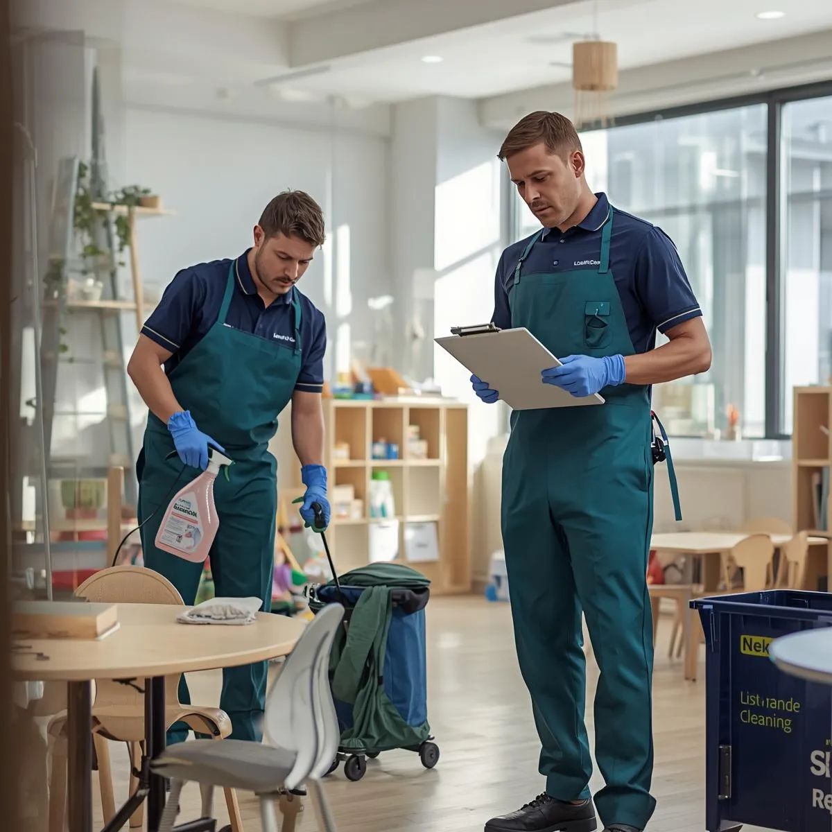 Cleaning staff disinfecting surfaces and reviewing cleaning checklist in a childcare centre.