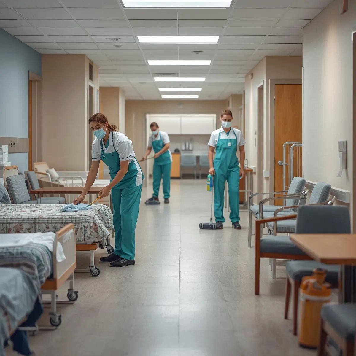 Cleaning staff disinfecting rooms, corridors, and shared areas inside an aged care facility.