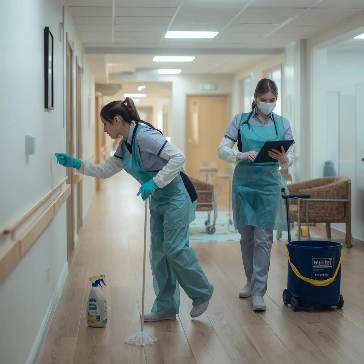 Cleaning staff disinfecting surfaces and reviewing cleaning procedures in an aged care facility.