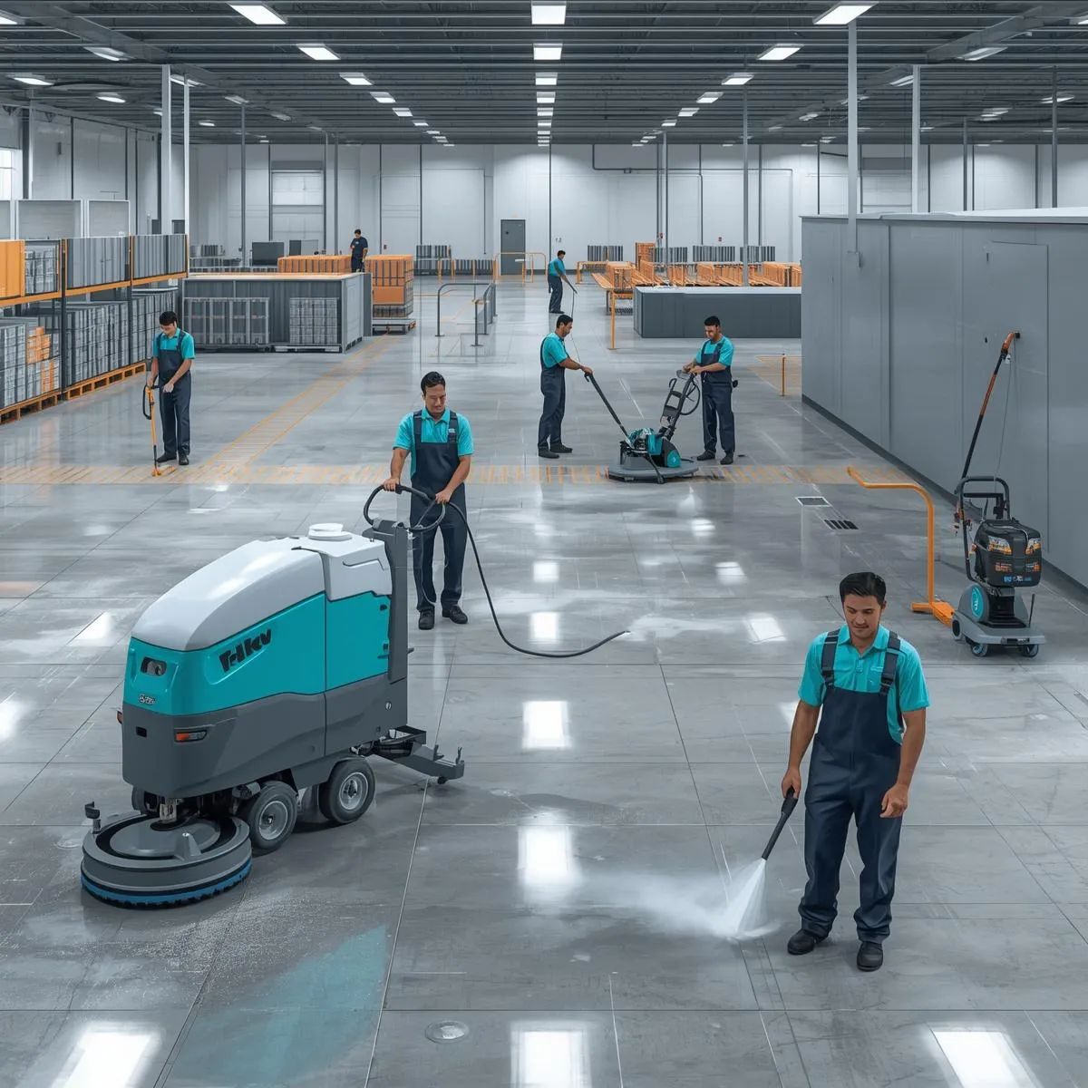 Commercial cleaning staff using machines to clean floors, carpets, and surfaces in a large facility.