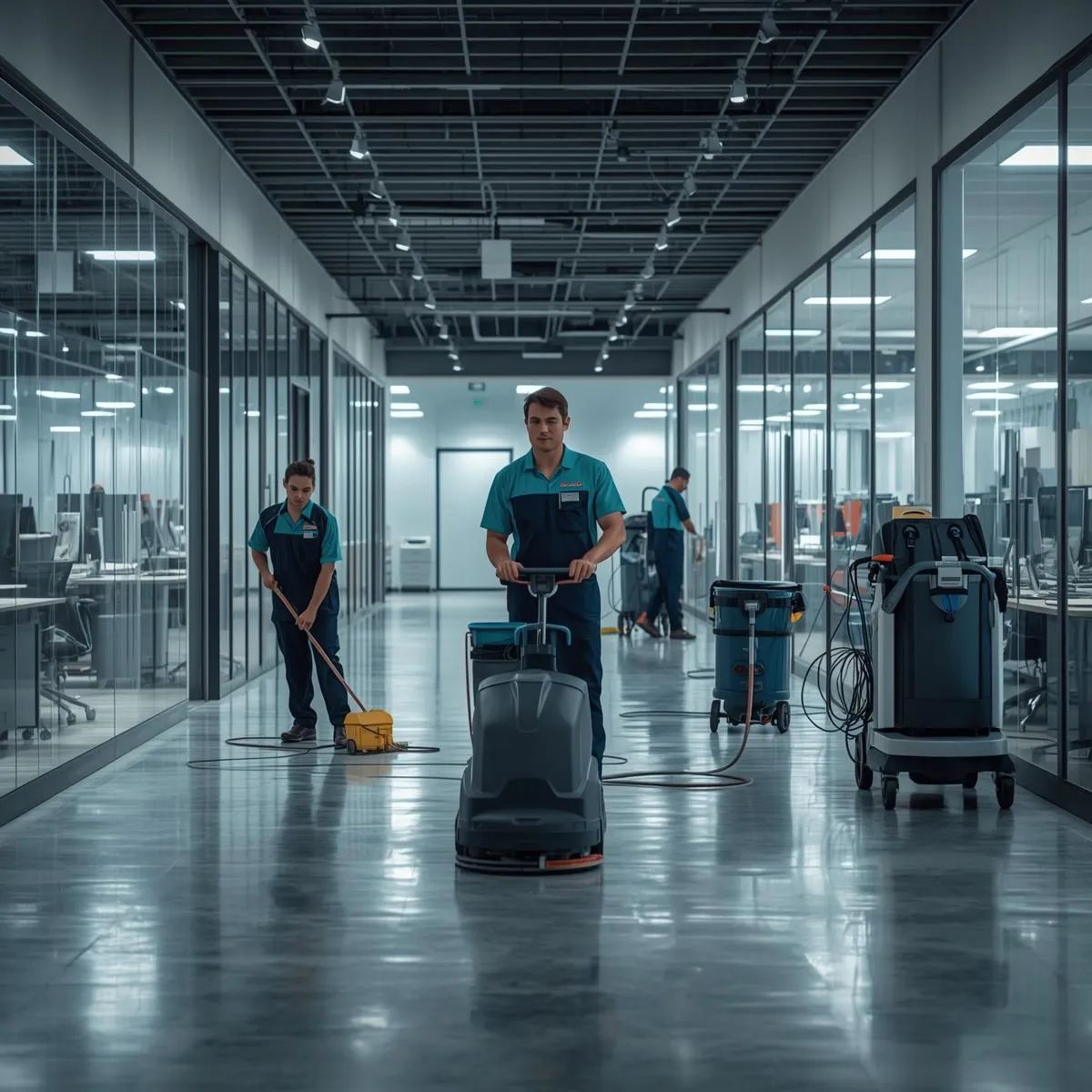 Cleaning staff maintaining floors and surfaces across warehouse, office, and commercial facilities.