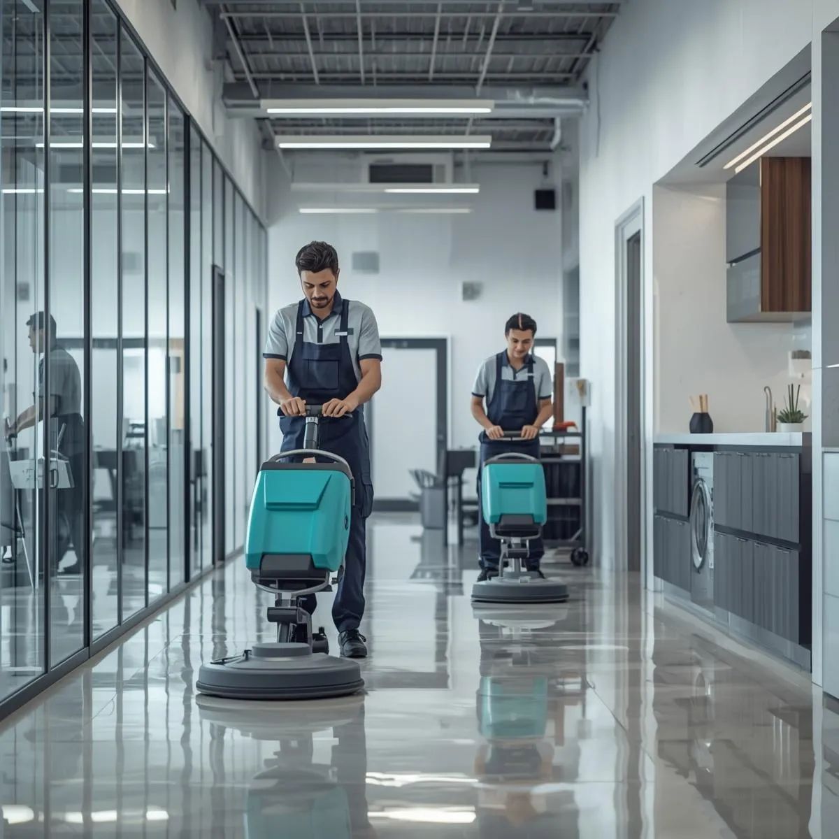 Cleaning staff performing deep cleaning tasks across floors, glass, and surfaces in a commercial space.