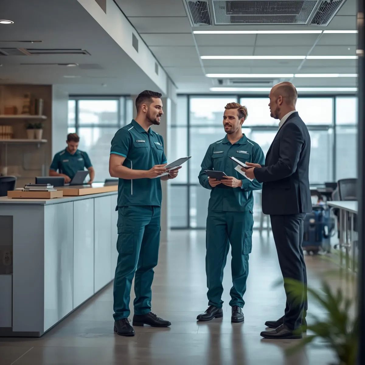 Cleaning staff coordinating with a client while performing cleaning tasks in an office.