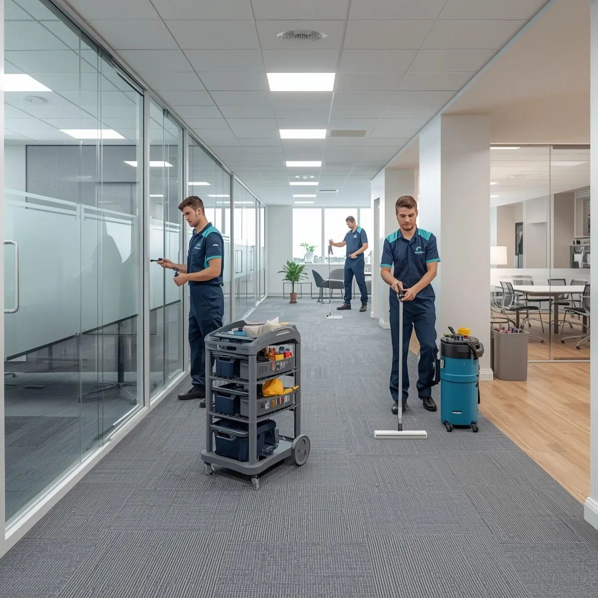 Cleaning staff disinfecting desks, vacuuming floors, and cleaning surfaces inside an office.