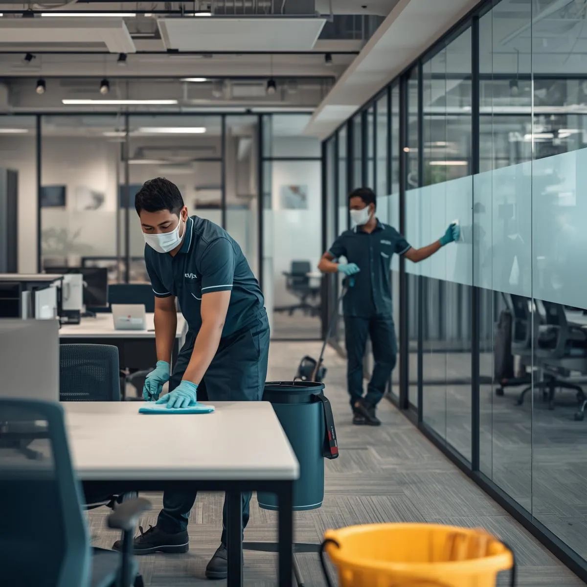 Cleaning staff disinfecting desks and surfaces in a modern office workspace.