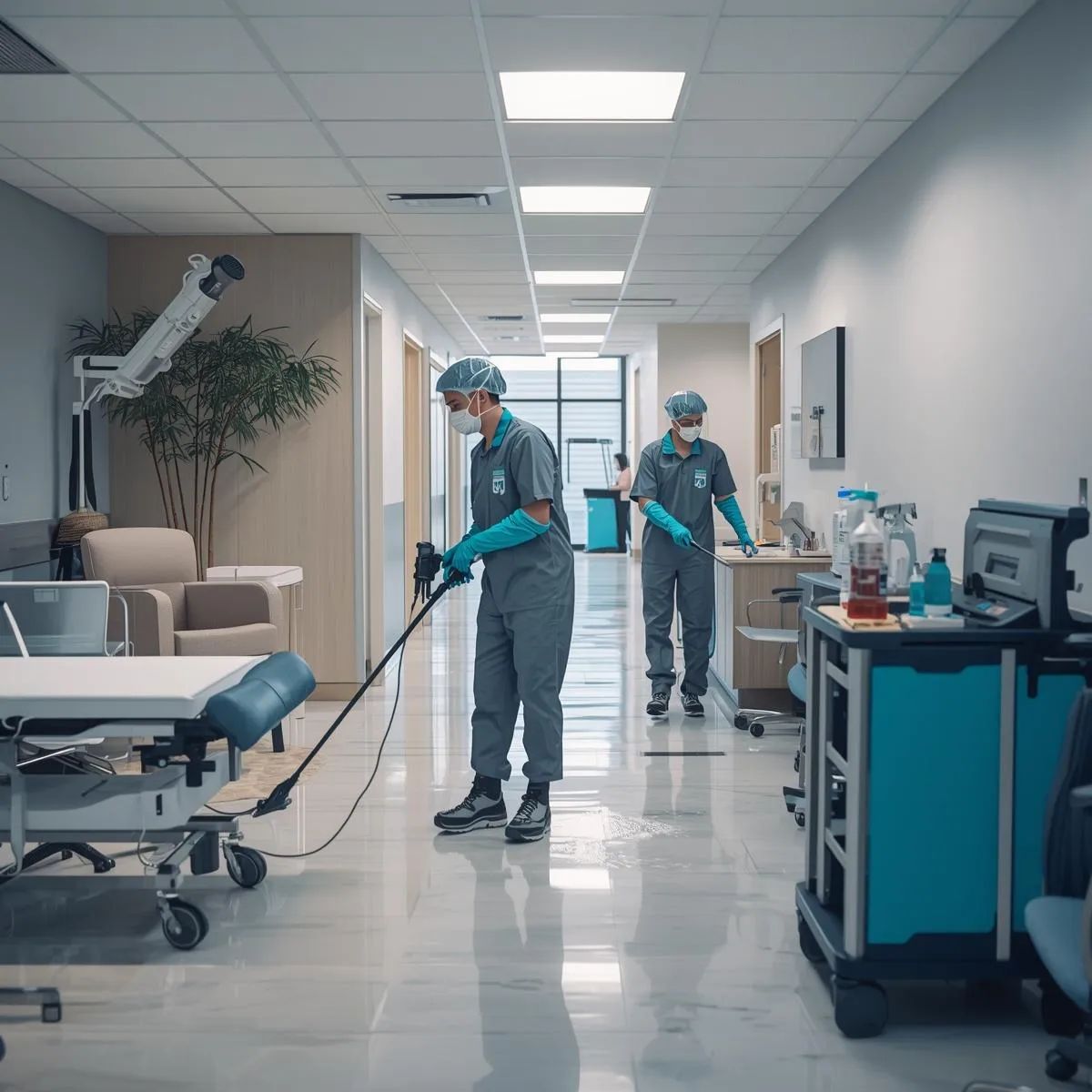 Healthcare cleaning staff disinfecting treatment rooms, equipment, and surfaces in a medical centre.