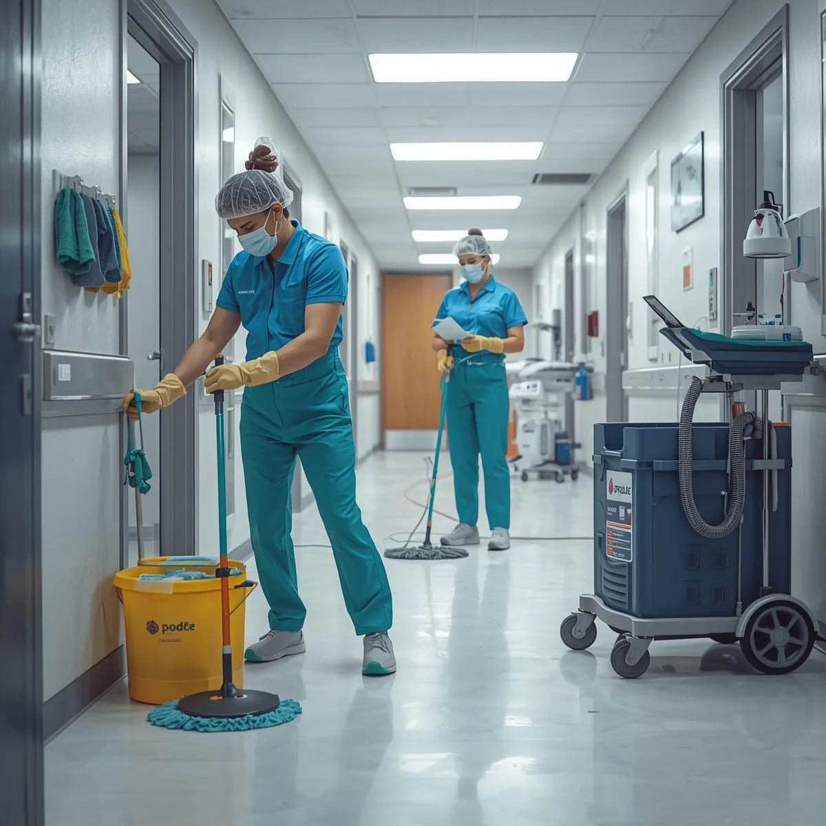 Healthcare cleaning staff disinfecting surfaces using colour-coded tools and safe cleaning procedures.