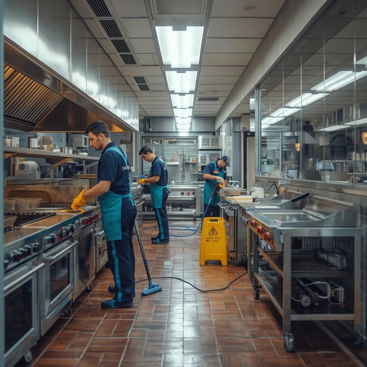 Cleaning staff degreasing kitchen equipment and sanitising surfaces inside a restaurant.