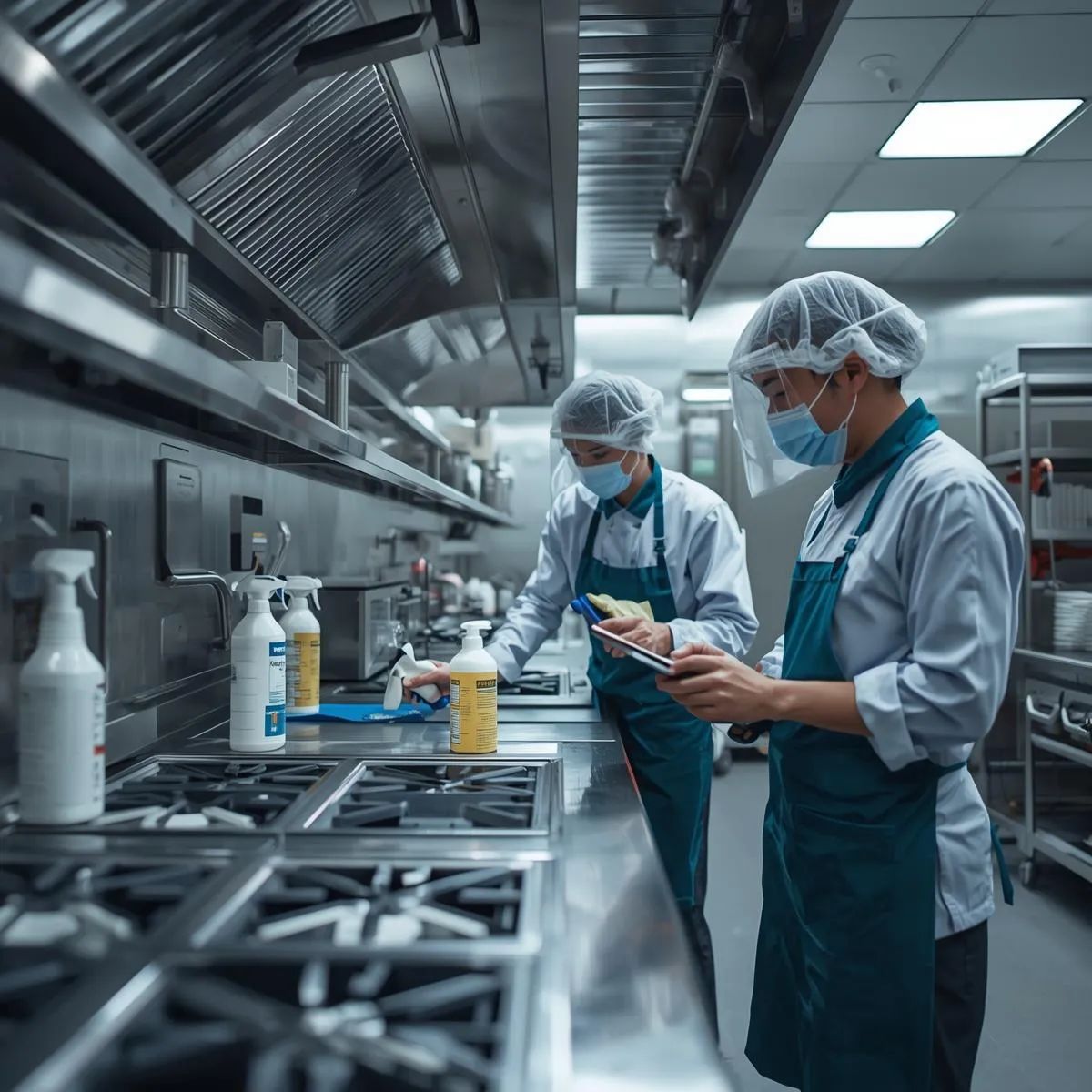 Cleaning staff sanitising kitchen surfaces and reviewing cleaning procedures in a commercial kitchen.