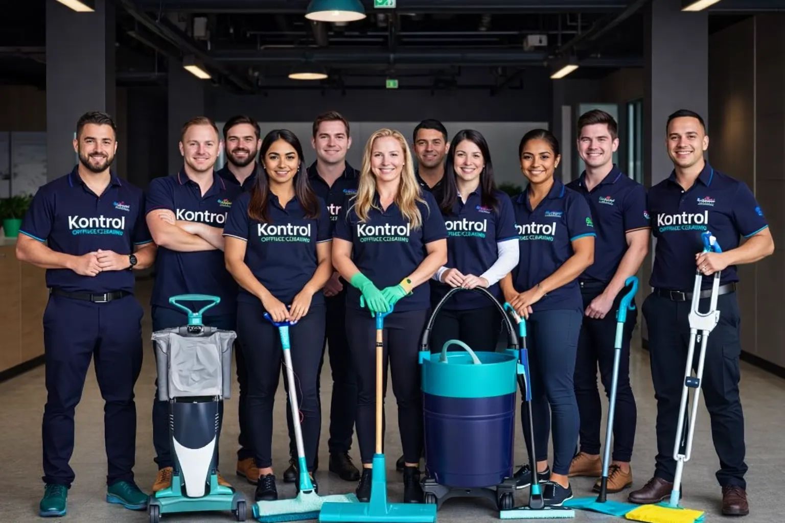 A group of nine office cleaning staff in navy uniforms with teal-accented “Kontrol Office Cleaning” logos pose in a contemporary office space. They stand side by side, smiling, and hold various cleaning tools such as mops, a vacuum cleaner, and a rolling bucket with teal and navy colors.